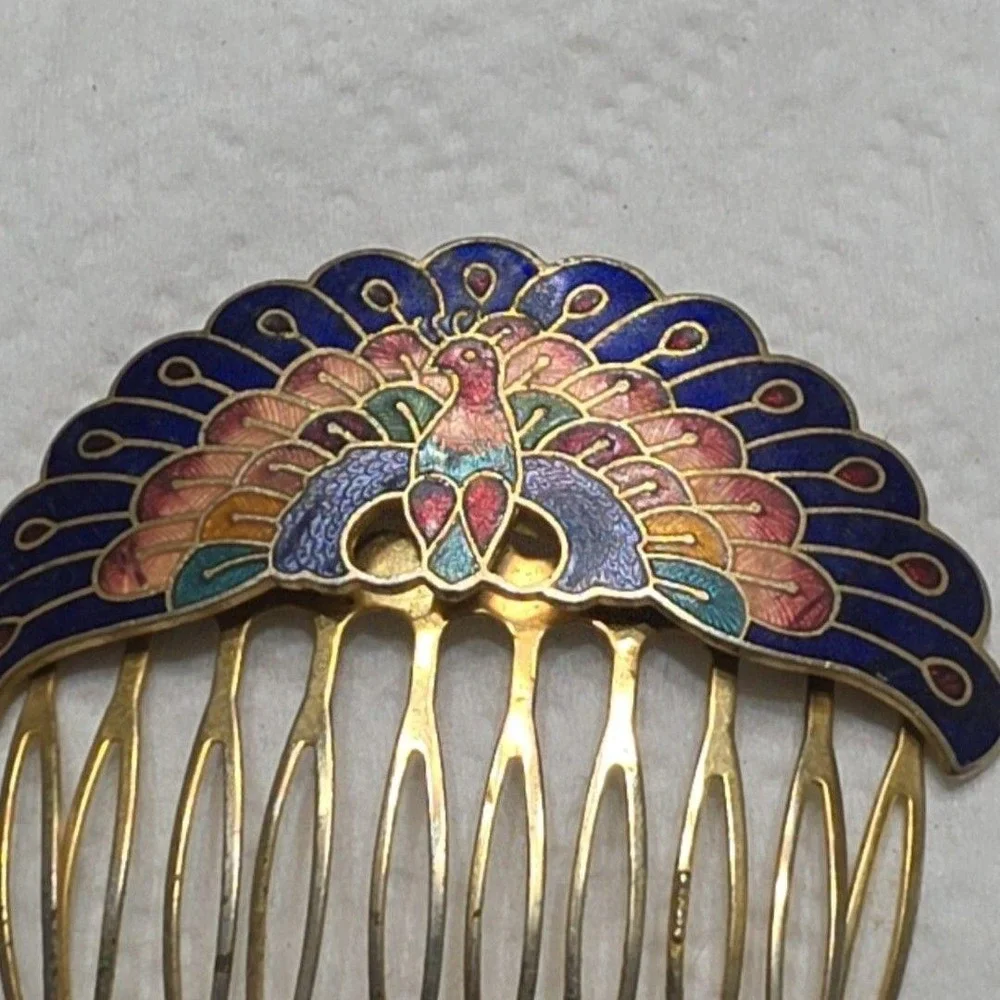 Brass Hair Comb Peacock Enamel Multicolor Bird 2.5 In Boho Hair Jewelry